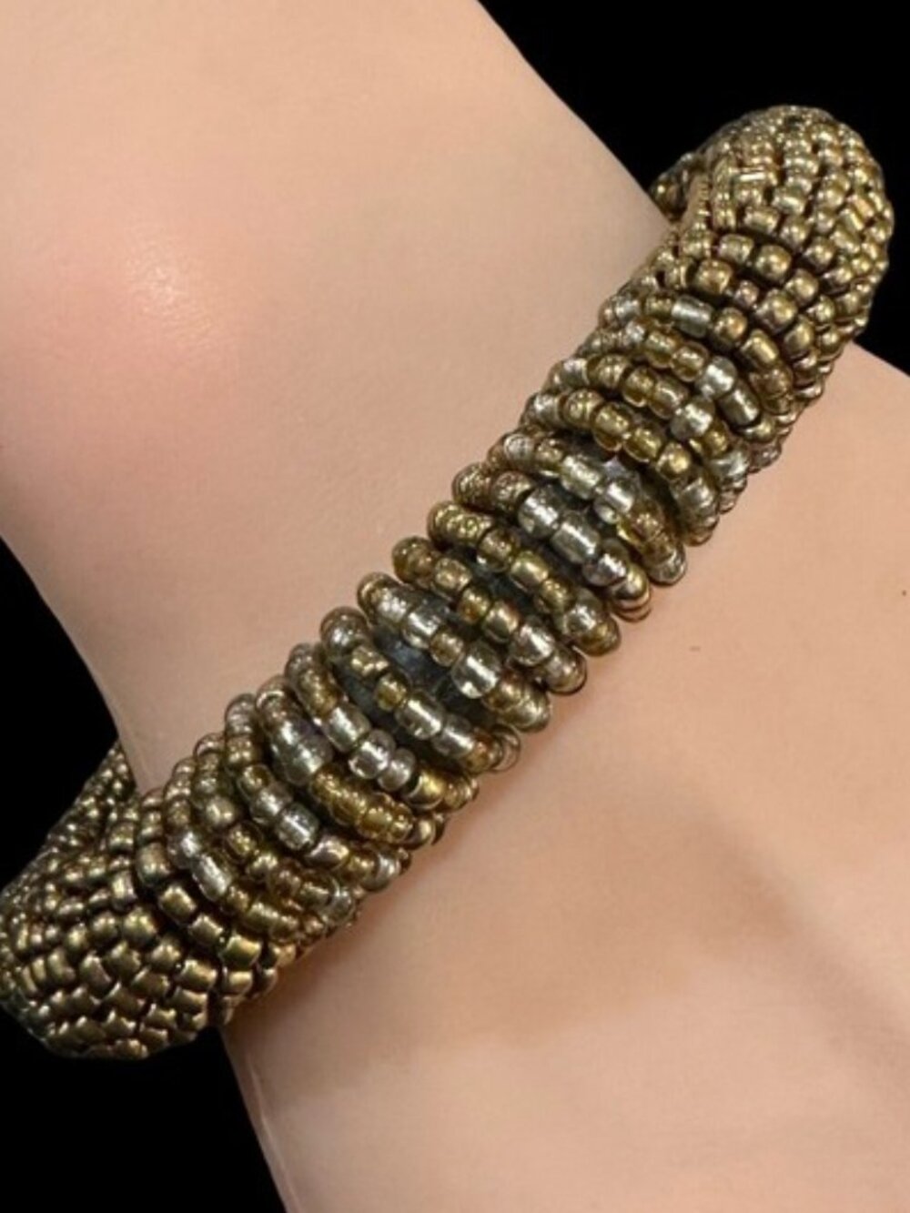 Golden Beaded Bangle Bracelet Wraped Beads 2.5 inch diameter